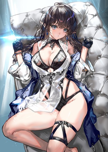 Anime picture 2139x3000 with original ranou single long hair tall image looking at viewer fringe highres breasts blue eyes light erotic brown hair large breasts bent knee (knees) lying blunt bangs parted lips from above pointy ears off shoulder