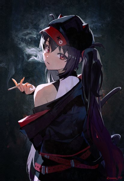 Anime picture 2817x4093 with original sooon single long hair tall image looking at viewer blush fringe highres black hair simple background hair between eyes red eyes holding looking back black background smoke smoking girl hat