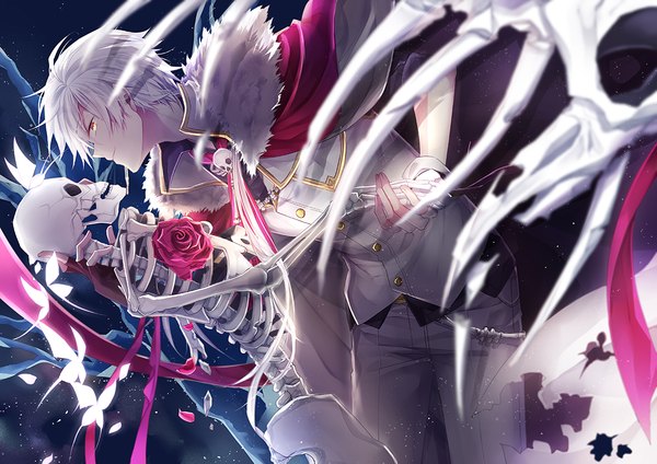 Anime picture 1131x800 with original flywinga7 single short hair yellow eyes silver hair profile light smile night leaning leaning forward holding hands skeleton boy gloves petals fingerless gloves insect butterfly mantle
