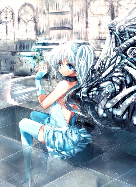Anime picture 875x1200 with vocaloid hatsune miku heco (mama) single long hair tall image blush fringe blue eyes sitting twintails bare shoulders aqua hair zettai ryouiki back bare back girl thighhighs shoes