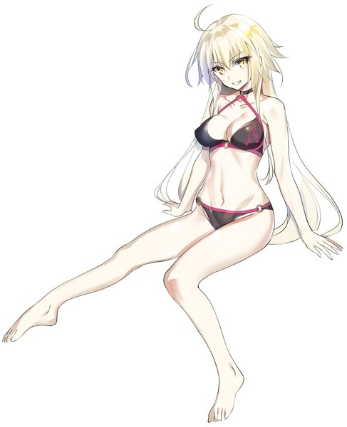 Anime picture 1574x1940 with fate (series) fate/grand order jeanne d'arc (fate) (all) jeanne d'arc alter (fate) jeanne d'arc alter (swimsuit berserker) (fate) youta single long hair tall image looking at viewer fringe breasts open mouth light erotic simple background blonde hair smile hair between eyes white background sitting