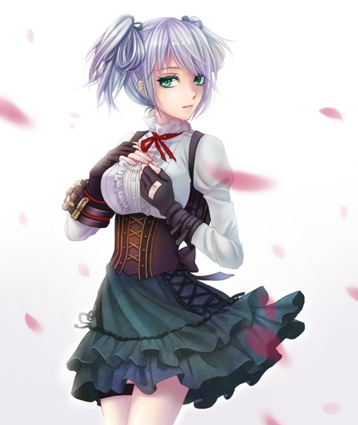 イラスト 750x890 と ゴッドイーター ゴッドイーター2 ufotable ciel alencon 天野 夜 ソロ 長髪 長身像 前髪 おっぱい simple background 大きな乳房 立つ 白背景 ツインテール 緑の目 white hair 風 lacing underbust