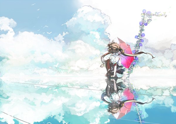 Anime picture 1500x1060 with original untan single long hair brown hair sitting twintails looking away sky cloud (clouds) full body bent knee (knees) arm support short sleeves reflection girl skirt flower (flowers) animal shirt