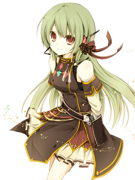 Anime picture 658x878 with original yonema single long hair tall image fringe smile bare shoulders brown eyes green hair hands behind back girl hair ornament ribbon (ribbons) hair ribbon detached sleeves belt fanny pack