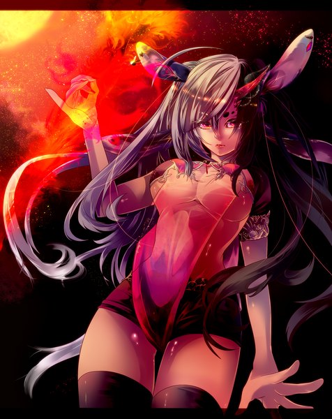 Anime picture 2366x2983 with original rathke single long hair tall image looking at viewer highres breasts light erotic large breasts animal ears ahoge horn (horns) grey hair no bra bunny ears magic bunny girl girl thighhighs