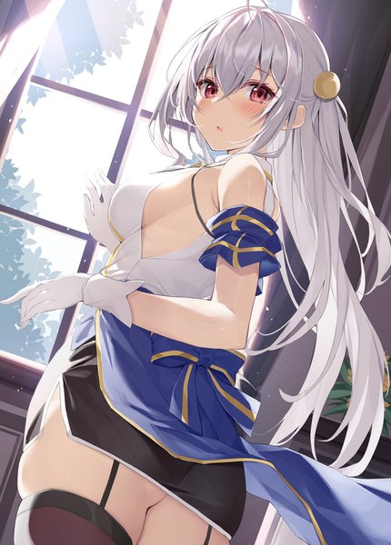 Anime picture 800x1116 with tensai ouji no akaji kokka saiseijutsu ninym ralei xe (execut3r) single long hair tall image looking at viewer blush fringe breasts open mouth light erotic hair between eyes red eyes standing payot sky white hair indoors sunlight