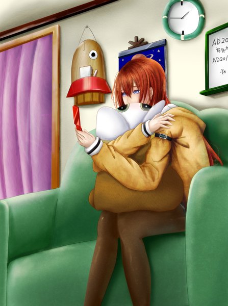 Anime picture 1118x1500 with steins;gate white fox makise kurisu kentaurosu long hair tall image blue eyes brown hair sitting hug girl jacket pillow couch phone