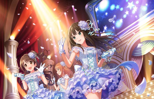 Anime picture 1280x824 with idolmaster idolmaster cinderella girls shibuya rin shimamura uzuki houjou karen long hair blush open mouth blue eyes black hair smile brown hair multiple girls brown eyes hair flower story (idolmaster) girl dress gloves hair ornament