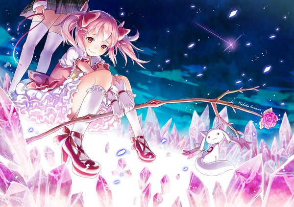 Anime picture 1032x728 with mahou shoujo madoka magica shaft (studio) kaname madoka kyuubee sheep sleep looking at viewer blush short hair standing sitting twintails multiple girls pink hair sky pink eyes character names short twintails dual persona magical girl girl
