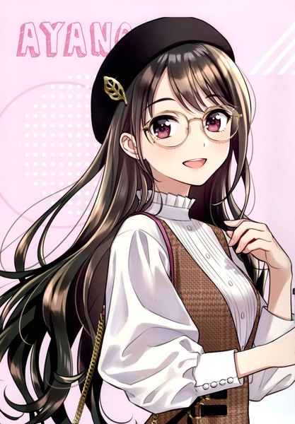 Anime picture 2406x3464 with original morikura en single long hair tall image looking at viewer blush fringe highres open mouth simple background smile red eyes brown hair upper body long sleeves :d scan mole puffy sleeves