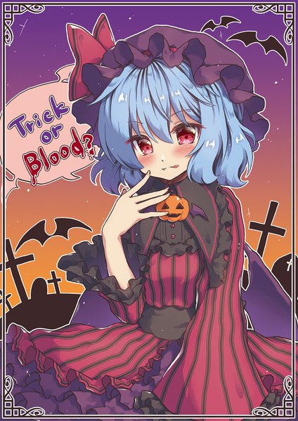Anime picture 1240x1754 with touhou remilia scarlet beni kurage single tall image looking at viewer blush short hair smile red eyes blue hair sky upper body long sleeves wide sleeves alternate costume striped halloween :p frilled dress