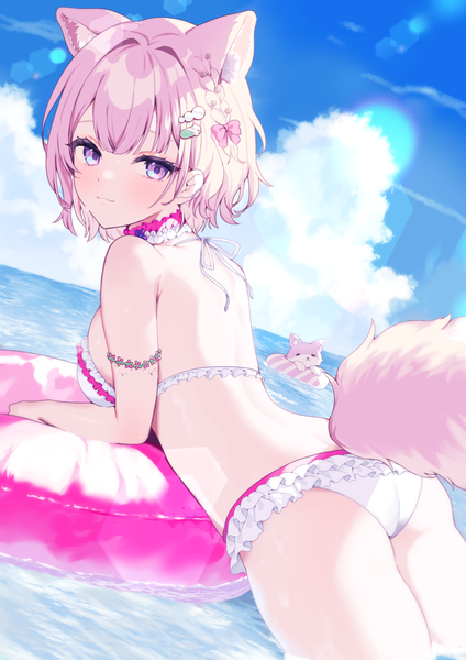 Anime picture 2894x4093 with virtual youtuber hololive hakui koyori kokoro (hakui koyori) hakui koyori (3rd costume) hell fuuna single tall image looking at viewer blush fringe highres short hair breasts light erotic purple eyes animal ears pink hair sky cloud (clouds)