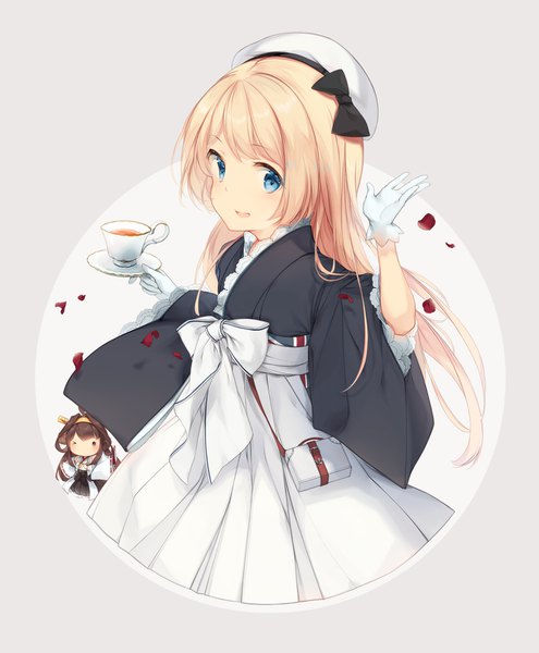 Anime picture 1360x1650 with kantai collection kongou battleship jervis (kantai collection) malachite (artist) long hair tall image looking at viewer open mouth blue eyes blonde hair brown hair multiple girls holding grey background alternate costume chibi remodel (kantai collection) waving solid eyes wa maid