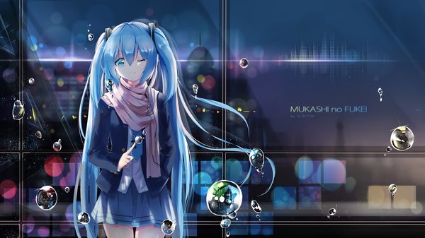 Anime picture 2039x1147 with vocaloid hatsune miku asahi kuroi single looking at viewer highres smile wide image standing twintails signed very long hair pleated skirt one eye closed aqua eyes wind wink aqua hair night night sky