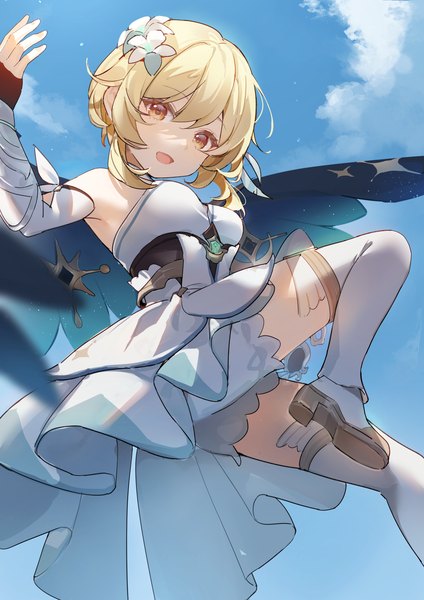 Anime picture 1191x1684 with genshin impact lumine (genshin impact) misuzu0342 single tall image looking at viewer fringe short hair open mouth blonde hair hair between eyes yellow eyes payot sky cloud (clouds) bent knee (knees) outdoors :d arm up hair flower