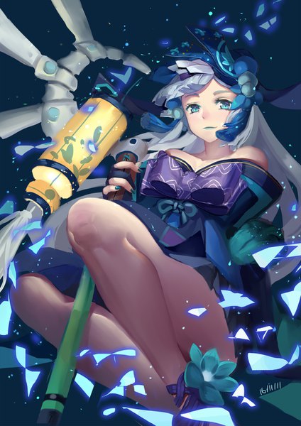 Anime picture 1000x1414 with onmyoji aoandon duzie e single long hair tall image looking at viewer fringe blue eyes light erotic simple background bare shoulders silver hair legs lipstick dated blue lipstick girl gloves hair ornament