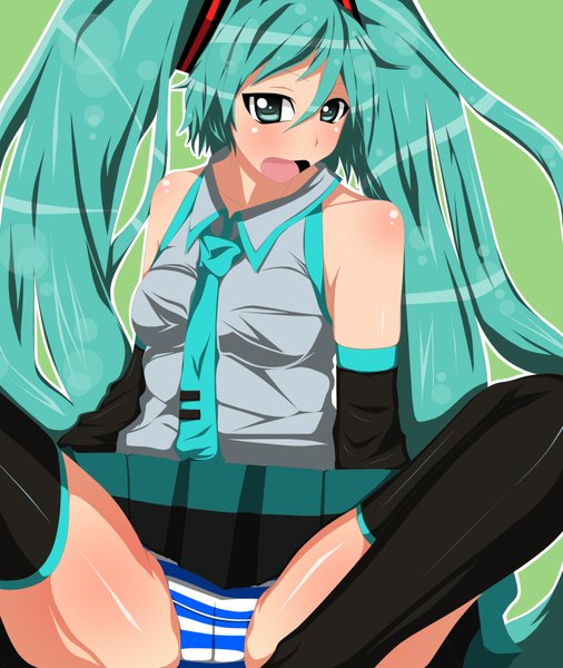 Anime picture 2755x3267 with vocaloid hatsune miku j (shining-next) tall image blush highres open mouth light erotic twintails bare shoulders very long hair aqua eyes aqua hair girl thighhighs skirt underwear panties black thighhighs detached sleeves