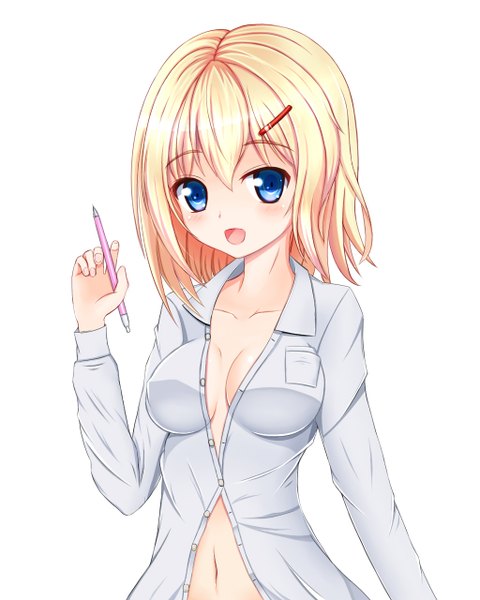 Anime picture 1024x1280 with original aneten tall image looking at viewer blush short hair open mouth blue eyes light erotic blonde hair white background girl navel hair ornament shirt hairclip pen
