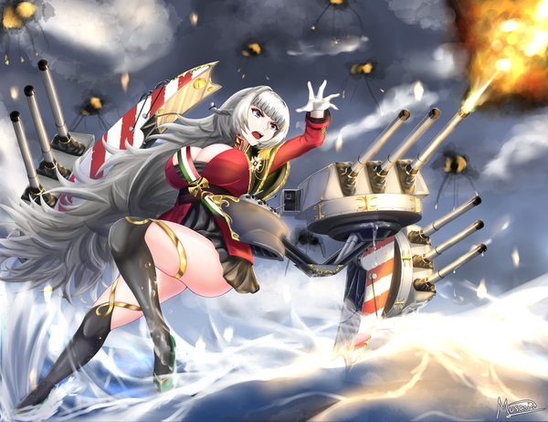 Anime picture 4836x3723 with azur lane vittorio veneto (azur lane) musanix single highres breasts open mouth blue eyes light erotic large breasts standing signed looking away absurdres cleavage silver hair cloud (clouds) full body bent knee (knees) outdoors