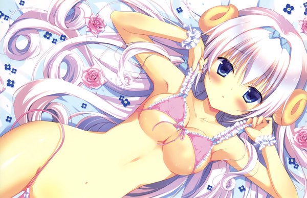 Anime picture 2314x1500 with miyasaka miyu single long hair looking at viewer blush highres breasts blue eyes light erotic large breasts silver hair horn (horns) underwear only girl underwear panties flower (flowers) ribbon (ribbons) hair ribbon frills