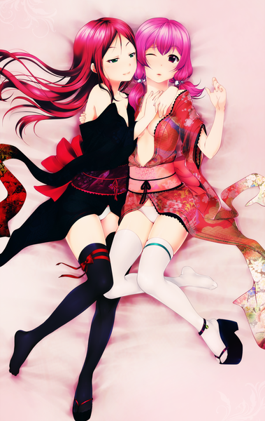 Anime picture 1320x2086 with original eventh7 long hair tall image breasts light erotic red eyes multiple girls green eyes pink hair red hair japanese clothes one eye closed wink shoujo ai girl thighhighs underwear panties black thighhighs