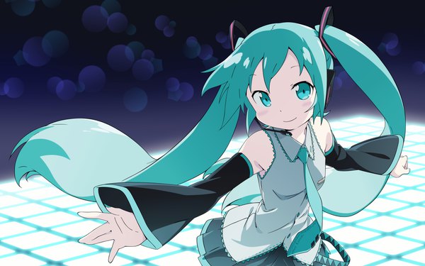 Anime picture 2560x1600 with vocaloid hatsune miku kanzaki hiro single long hair looking at viewer highres smile twintails nail polish aqua eyes aqua hair wallpaper spread arms vector third-party edit girl detached sleeves necktie headphones