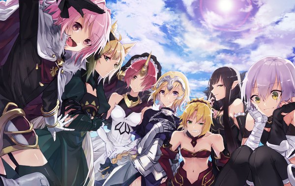 Anime picture 1000x632 with fate (series) fate/apocrypha jeanne d'arc (fate) (all) jeanne d'arc (fate) mordred (fate) astolfo (fate) atalanta (fate) frankenstein's monster (fate) jack the ripper (fate/apocrypha) semiramis (fate) kusaka kou long hair fringe short hair open mouth black hair blonde hair smile purple eyes bare shoulders
