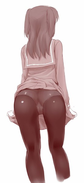 Anime picture 600x1302 with original shii (nagian) nagian single tall image light erotic simple background white background ass from behind two side up monochrome skirt lift trefoil crotch girl skirt uniform underwear panties