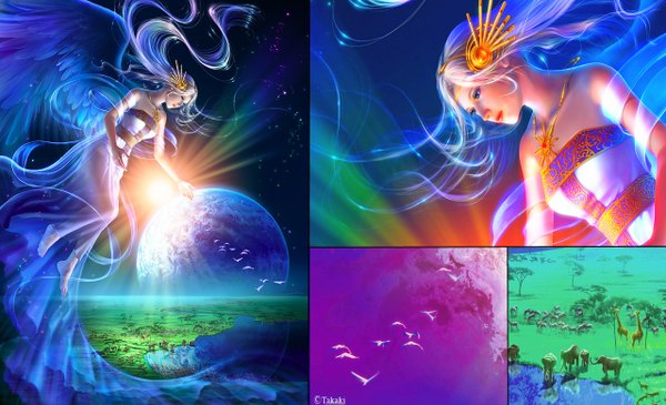 Anime picture 1280x779 with original takashi mare long hair blue eyes wide image bare shoulders white hair barefoot no shoes sleeveless multiview girl dress hair ornament animal wings water bird (birds) pendant earth