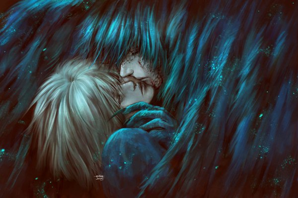 Anime picture 1300x867 with howl's moving castle studio ghibli howl sophie hatter nanfe fringe short hair signed silver hair eyes closed profile lips realistic kiss hand on face blood stains 2015 girl boy wings