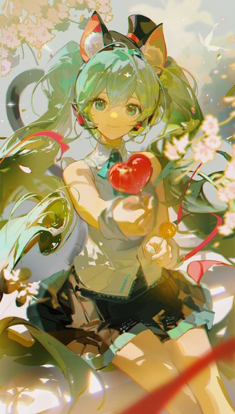 Anime picture 2179x3837 with vocaloid hatsune miku claw (rjtd7274) single tall image looking at viewer fringe highres smile hair between eyes sitting twintails animal ears tail very long hair animal tail aqua eyes cat ears aqua hair cat girl