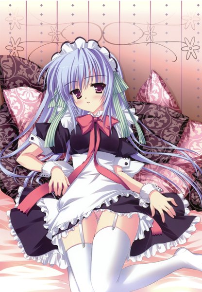 Anime picture 2200x3168 with hinamatsuri touko single long hair tall image highres light erotic red eyes blue hair maid girl thighhighs bow white thighhighs headdress pillow maid headdress