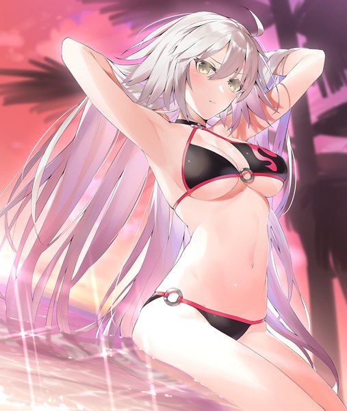 Anime picture 959x1136 with fate (series) fate/grand order jeanne d'arc (fate) (all) jeanne d'arc alter (fate) jeanne d'arc alter (swimsuit berserker) (fate) hayashi kewi single long hair tall image looking at viewer blush breasts light erotic large breasts sitting yellow eyes sky silver hair ahoge outdoors