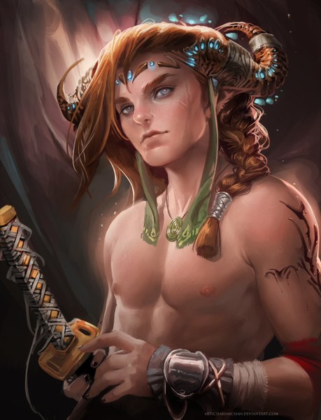 Anime picture 2000x2615 with original sakimichan single long hair tall image highres brown hair signed braid (braids) nail polish horn (horns) pointy ears realistic grey eyes tattoo glowing scar topless muscle boy