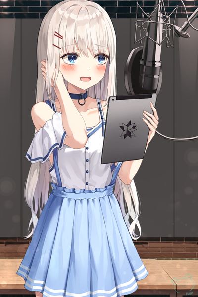Anime picture 799x1200 with original ruda (ruda e) single long hair tall image blush fringe open mouth blue eyes standing bare shoulders holding signed payot looking away silver hair indoors :d pleated skirt arm up