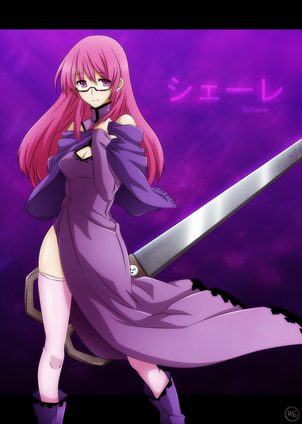 Anime picture 1150x1612 with akame ga kill! white fox sheele (akame ga kill!) von-cx (van-dinex) single tall image smile pink hair pink eyes coloring hieroglyph girl thighhighs dress weapon white thighhighs glasses thigh boots scissors