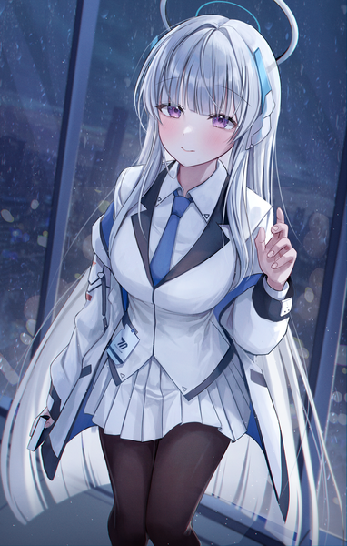 Anime picture 2546x4000 with blue archive noa (blue archive) myowa single long hair tall image looking at viewer blush fringe highres standing purple eyes white hair indoors blunt bangs long sleeves pleated skirt light smile girl skirt
