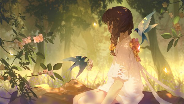 Anime picture 3508x1974 with original zm-panda- single long hair fringe highres brown hair wide image sitting signed bent knee (knees) outdoors braid (braids) short sleeves twin braids nature 2022 girl dress flower (flowers)