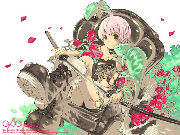 Anime picture 1280x960 with gagraphic haku (sabosoda) pink hair ahoge pink eyes wallpaper unsheathing pinky out girl flower (flowers) sword boots rose (roses) katana red rose chameleon venus flytrap