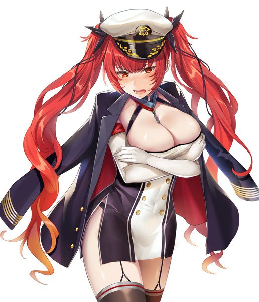 Anime picture 1032x1200 with azur lane honolulu (azur lane) pantsu majirou single long hair tall image looking at viewer blush fringe breasts open mouth light erotic simple background hair between eyes red eyes large breasts standing white background twintails red hair