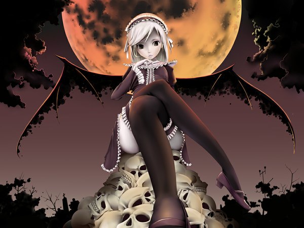 Anime picture 1024x768 with mogmog sitting sky silver hair cloud (clouds) night crossed legs gothic thighhighs wings shoes moon skull garter (garters)