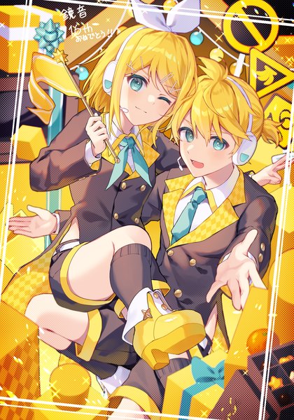 Anime picture 2100x3000 with vocaloid kagamine rin kagamine len kurobikari tall image looking at viewer highres short hair open mouth blue eyes blonde hair :d one eye closed wink framed siblings twins brother and sister girl boy