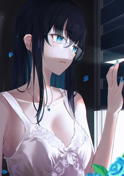 Anime picture 1157x1637 with original hyonee single long hair tall image fringe breasts open mouth blue eyes black hair hair between eyes large breasts bare shoulders payot looking away cleavage upper body indoors nail polish multicolored hair