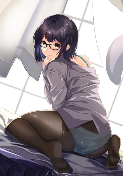 Anime picture 1315x1882 with original kagematsuri single tall image short hair light erotic black hair brown eyes looking back girl underwear panties shirt pantyhose glasses black pantyhose