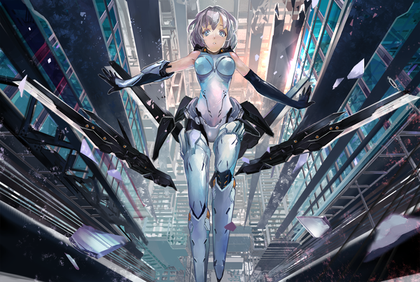 Anime picture 1333x894 with original diet sence single looking at viewer blush short hair open mouth blue eyes bare shoulders white hair city cityscape city lights falling mechanical girl gloves black gloves elbow gloves building (buildings)