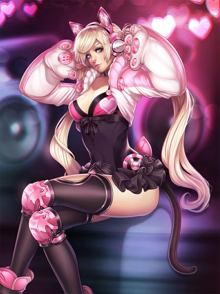 Anime picture 787x1050 with tekken tekken 7 namco (studio) lucky chloe elizabeth torque (hioutsider-studio) single long hair tall image looking at viewer breasts blue eyes light erotic blonde hair sitting twintails tail animal tail lips cat tail girl