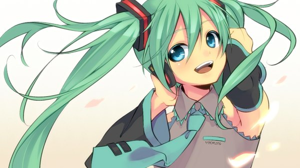 Anime picture 1920x1080 with vocaloid hatsune miku sama (artist) single long hair blush highres open mouth blue eyes smile wide image twintails green hair wind girl hair ornament detached sleeves petals necktie headphones