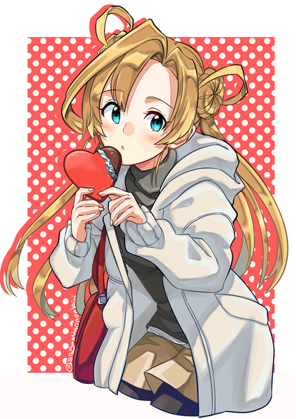 Anime picture 662x936 with kantai collection abukuma light cruiser sagamiso single long hair tall image looking at viewer blush blue eyes blonde hair signed hair bun (hair buns) twitter username border polka dot valentine polka dot background girl food sweets