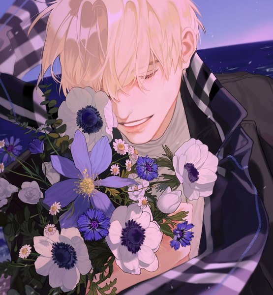 Anime picture 1895x2048 with original yenko135 single tall image fringe highres short hair blonde hair smile holding signed sky eyes closed hair over one eye grin boy flower (flowers) scarf sea bouquet