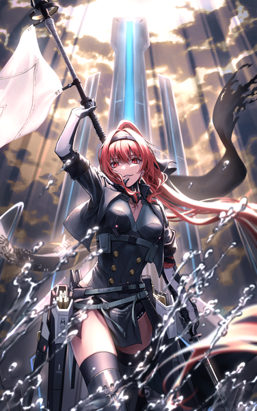 Anime picture 1296x2067 with punishing: gray raven vera (punishing: gray raven) greenkohgen single tall image looking at viewer fringe smile hair between eyes red eyes sky cloud (clouds) ponytail red hair very long hair sunlight from below girl thighhighs black thighhighs